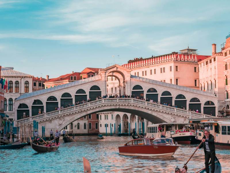Gondola below the Rialto Bridge in Venice