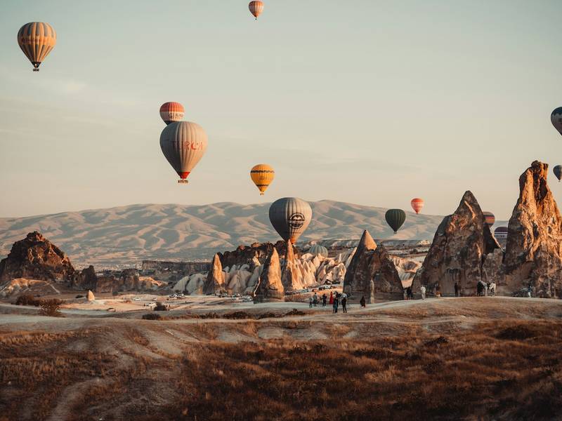 Hot-air balloons over the rock valleys of Cappadocia